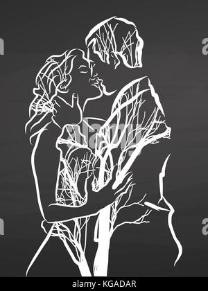 Jeune couple baiser. dessin sur tableau. handdrawn croquis vecteur propre, énonce, esprit vintage tableau noir. Illustration de Vecteur