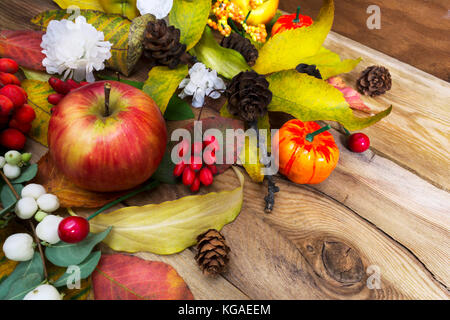 De grâce ou à l'automne avec guirlande citrouille, pomme, fruits rouges, les cônes, les feuilles et fleurs en soie blanche sur le fond en bois rustique Banque D'Images