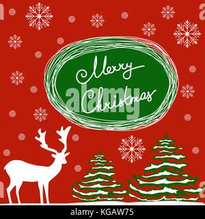 Joyeux noël part lettres calligraphiées. vecteur carte de vœux. White Deer green sapins saupoudrés de flocons de neige. fond rouge de style élégant. Illustration de Vecteur
