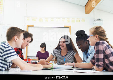 Groupe d'étudiants adolescents collaborant sur projet en classe Banque D'Images