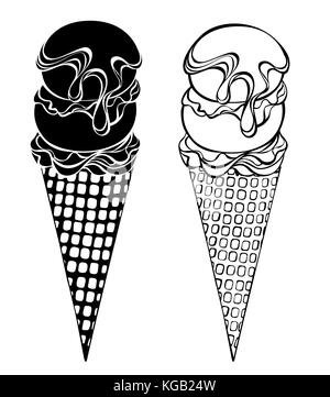 Deux contour, crème glacée stylisée avec avertisseur sonore, deux balles, arrosé de sirop de chocolat sur un fond blanc. dessin artistique d'une glace. Illustration de Vecteur