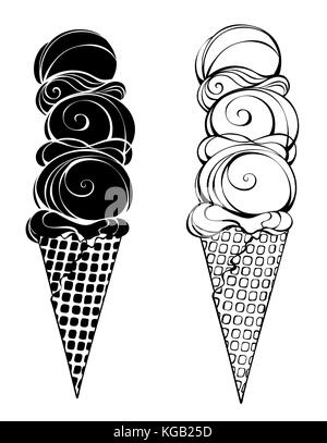 Deux contour, stylisée, la crème glacée avec corne et trois balles sur un fond blanc. dessin artistique d'une glace. Illustration de Vecteur