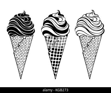 Trois contour, stylisée, givré soft gaufres avec une gaufre horn sur un fond blanc. dessin artistique d'une glace. Illustration de Vecteur