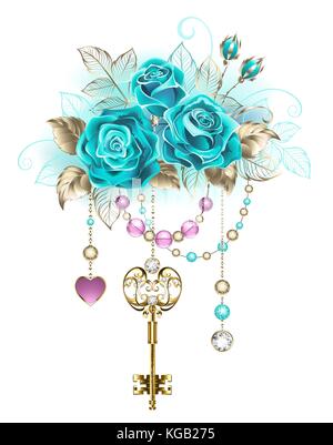 Clé d'or antique avec des roses turquoise décoré avec des feuilles d'or blanc et rose et perles bleues. à la mode couleur. turquoise blanc aller roses. Illustration de Vecteur