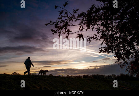 Bolton, Lancashire, UK. 6 novembre, 2017 Coucher de soleil glorieux. pour finir une belle journée au parc leverhulme à Bolton, Lancashire. une marchette et son chien silhouetté contre le ciel de nuit. photo par Paul heyes, lundi 06 novembre, 2017. crédit : Paul heyes/Alamy live news Banque D'Images