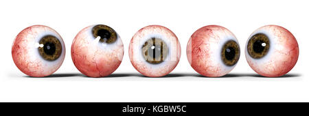 Cinq yeux humains réalistes avec brown iris, isolé sur fond blanc (3d illustration bannière) Banque D'Images