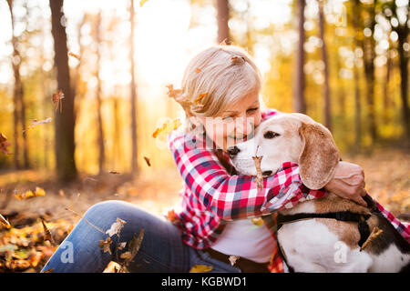 Senior woman with dog, lors d'une promenade dans une forêt d'automne. Banque D'Images