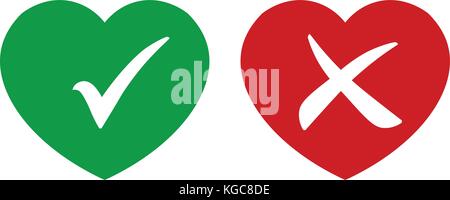 Tick icon set élégant. icône de validation mis en vert et rouge coeur, vector illustration. Illustration de Vecteur