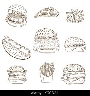 À la main ensemble de sketchy fast food illustrations, hamburgers, hot dogs, frites et pizzas. vector illustration, isolated on white Illustration de Vecteur