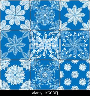 Mega superbe motif patchwork transparente du bleu foncé et blanc carreaux portugais, marocain, arabe, azulejo ornement. d'art islamique. Illustration de Vecteur