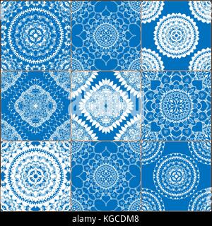 Mega superbe motif patchwork transparente du bleu foncé et blanc carreaux portugais, marocain, arabe, azulejo ornement. d'art islamique. Illustration de Vecteur