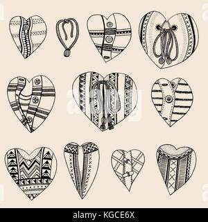 Ensemble de cœurs dessinés à la main. arrière-plan pour la saint valentin. sketch for Coloring Book. vecteur doodle, éléments de conception. noir et beige Illustration de Vecteur