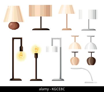 Vector set de différents types d'éclairages d'intérieur : pendentif, lustre, spotlight, Mur lumière, ombre, lampes de table lampe de bureau et lampadaire. Télévision Illustration de Vecteur