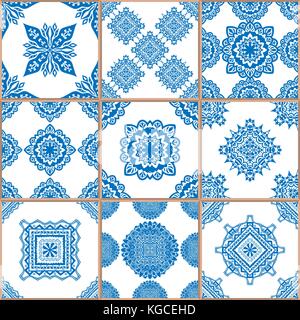 Mega superbe motif patchwork transparente du bleu foncé et blanc carreaux portugais, marocain, arabe, azulejo ornement. d'art islamique. Illustration de Vecteur