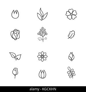 Icon Set floral fleurs et feuilles d'icônes de l'art en ligne Illustration de Vecteur