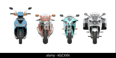 Vue avant motos groupe isolé sur blanc le rendu 3D Banque D'Images