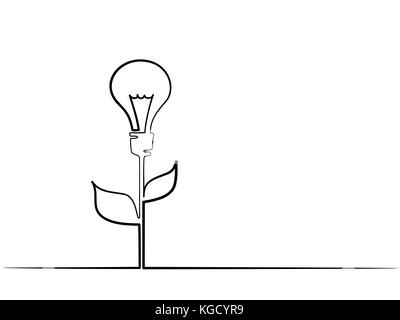 La ligne continue de largeur différentes dimensions. L'ampoule électrique allumé sur tige de plante avec des feuilles. Eco idée métaphore. Vector illustration Illustration de Vecteur