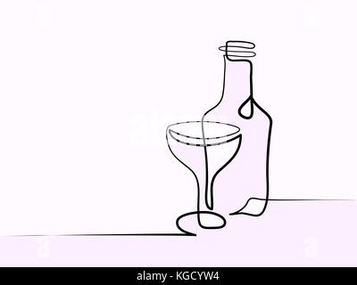 La ligne continue de largeur différentes dimensions. Bouteille de vin en verre et contour. Contour noir vecteur. Illustration de Vecteur