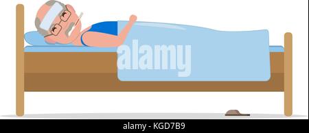 Vector cartoon vieil homme malade au lit avec la grippe Illustration de Vecteur