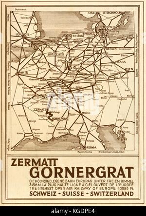 Carte des chemins de fer de l'Europe sur l'arrière de l'imprimé 1929 guide pour le chemin de fer Zermatt-Gornergrat à Brigue, en Suisse. Le guide stipule la Zermatt- Banque D'Images