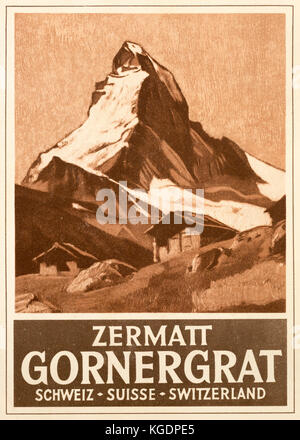 Avant de l'imprimé 1929 guide pour le chemin de fer Zermatt-Gornergrat à Brigue, en Suisse. La peinture à l'avant montrent le Cervin et cabines. Banque D'Images