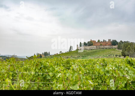 Collines avec des vignes et du Château de Brolio un jour de pluie en automne en Toscane en Italie Banque D'Images