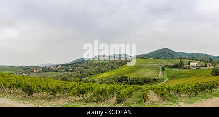 Panorama sur les collines de vignobles et Château de Brolio un jour de pluie dans la région de Toscane en Italie Banque D'Images