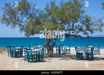 Lieu idyllique pour dîner, plage de Maragas au côté ouest de l'île de Naxos, Cyclades, Mer Égée, Grèce Banque D'Images