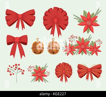 Jeu de Noël des arcs et des rubans décoratifs poinsettia fleurs sur fond blanc Illustration de Vecteur