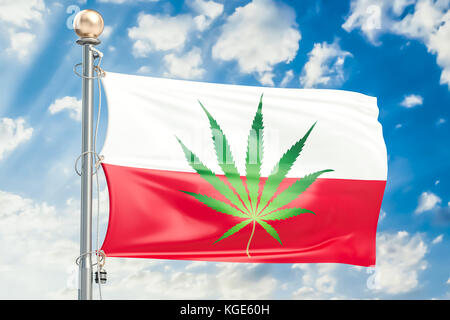 Légalisation du cannabis en Pologne. Drapeau polonais avec feuille de marijuana, rendu 3D Banque D'Images