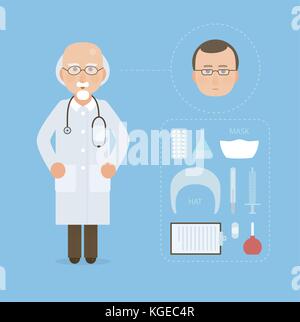 Docteur en médecine et de définir des outils, masque, lunettes et chapeau. équipement médical moderne dans la conception infographique télévision. éléments d'icônes. Illustration de Vecteur