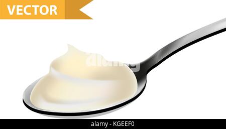 Cuillère de crème fouettée, de la mayonnaise ou de chocolat blanc, style 3D réaliste. cuillère à café, cuillère à soupe. isolé sur fond blanc. vector illustration Illustration de Vecteur