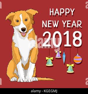 Bonne année, carte de nouvel an avec un chien jaune symbole de l'année 2018 et sapin jouets sur un fond rouge. vector illustration, bannière, poster Illustration de Vecteur