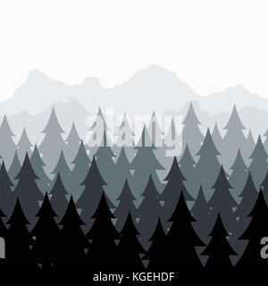 Forêt de pins vecteur seamless background pattern. abstraite noir et gris, bois d'arbres nature paysage avec les conifères et evergreen mountain silh Illustration de Vecteur