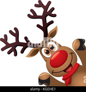 Noël drôle de dessin vectoriel Red Nosed Reindeer. carte de Noël illustration. cartoon rudolph deer avec écharpe rouge et grandes cornes sur fond blanc, b Illustration de Vecteur