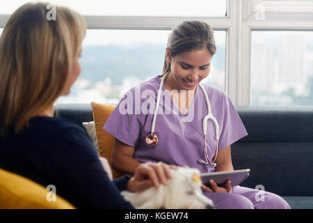 Vet using tablet computer lors de l'appel avec chien Banque D'Images