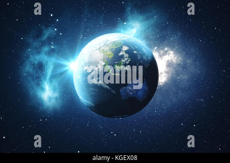 Le rendu 3D world globe. earth globe avec toile étoile et nébuleuse. terre, Galaxy et sun à partir de l'espace. blue sunrise. Les éléments de cette image fournie par la NASA Banque D'Images