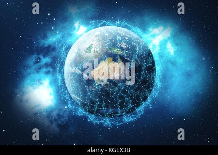 Réseau mondial de rendu 3d'arrière-plan. des lignes de connexion avec des points autour de la Terre planète. global de la connectivité internationale. la terre de l'espace avec des étoiles et nébuleuse. éléments de cette image fournie par la NASA. Banque D'Images