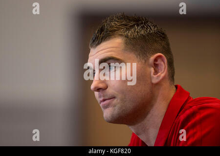 Hensol, pays de Galles, Royaume-Uni. 7 novembre 2017. Sam Vokes, du pays de Galles, affronte la presse avant les matchs amicaux internationaux contre la France et le Panama. Crédit : Mark Hawkins/Alamy Live News Banque D'Images