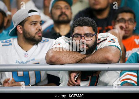 Miami Gardens, Florida, USA. Nov 7, 2017. Dolphins de Miami, un ventilateur est vu au cours de la seconde moitié du match entre les dauphins de Miami et l'Oakland Raiders au Hard Rock Stadium de Miami Gardens, en Floride, le dimanche, Novembre 5, 2017. Score final : Oakland Raiders, 27, Miami Dolphins, 24. Crédit : Document de cours/Le Palm Beach Post/ZUMA/Alamy Fil Live News Banque D'Images