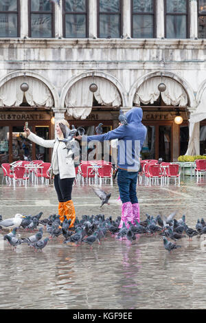 Venise, Vénétie, Italie. Nov 7, 2017. Acqua Alta marée haute de 115cm à partir de la lagune provoquant des inondations temporaires sur la Piazza San Marco. Un couple avec les pigeons selfies dans l'eau. Les oiseaux sont perchés sur leurs armes. Credit : Mary Clarke/Alamy Live News Banque D'Images