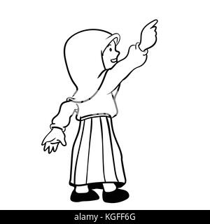 Jeune fille musulmane à la main pointant vers le haut, caricature avec la victoire, isolé sur fond blanc. noir et blanc simple ligne vector illustration pour la couleur Illustration de Vecteur