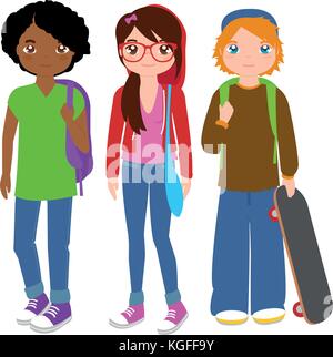 Vector illustration de deux garçons et une fille étudiants adolescents holding sacs d'école, sacs à dos et à roulettes. Illustration de Vecteur