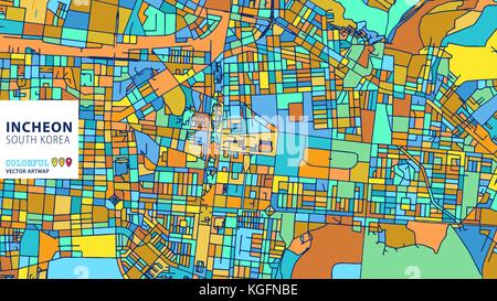 Incheon, Corée du Sud, Colorful Vector Artmap. Blue-Orange-Version jaune pour le site Web Infographie, l'Art de mur et fond de carte de Vœux. Illustration de Vecteur