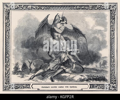 "Christian's combat terrible avec Apollyon" laissant la ville de destruction massive dans le Pictorial Pilgrim's Progress' publié par H. H. Lloyd & Co. à New York en 1862 basée sur les 'The Pilgrim's Progress de ce monde et de ce qui est à venir' de John Bunyan (1628-1688) d'abord publié en 1678. Banque D'Images