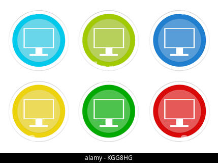 Ensemble de boutons colorés arrondie avec écran de télévision ou un écran d'ordinateur en symbole bleu, vert, jaune, cyan et rouge Banque D'Images