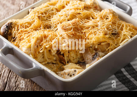 Est un plat américain tetrazzini à. spaghetti avec du poulet, champignons et fromage parmesan frais râpé horizontal macro. Banque D'Images