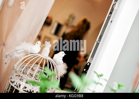 Blanc de mariage petits oiseaux décoratifs avec queue de fourrure placée sur la cage à oiseaux vintage blanc Banque D'Images