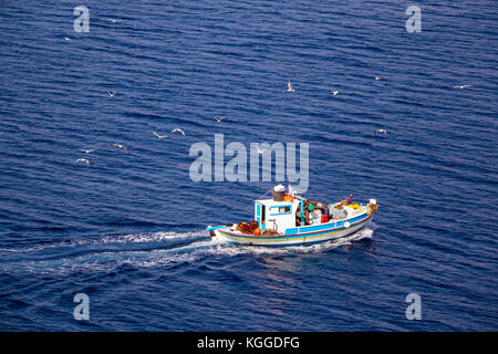 Bateau de pêche bleu et blanc sur bleu mer avec des mouettes, Kalymnos, Grèce Banque D'Images