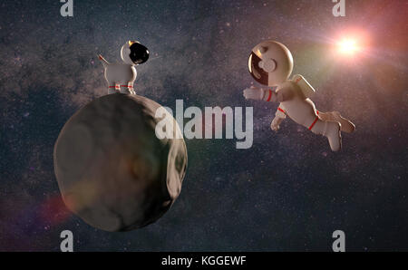 Cute cartoon caractère astronaute et un chien de l'espace sur l'astéroïde en blanc les combinaisons spatiales en face du champ stellaire (rendu 3d) Banque D'Images